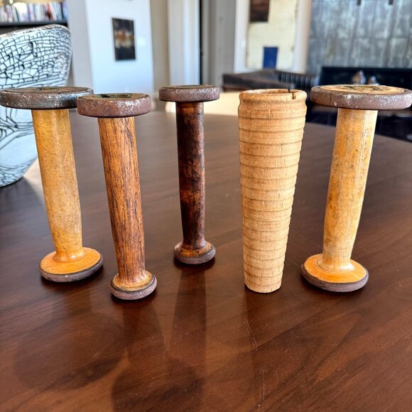 5 Vintage Industrial Wooden Textile Mill Spools Bobbins 7" Antique - Picture 6 of 8